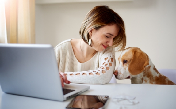 dog sitting with owner at computer